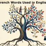 An artistic illustration of a language tree showing the connection between French and English, featuring a knight and a peasant shaking hands at the trunk with various icons for food, law, and fashion on the branches.