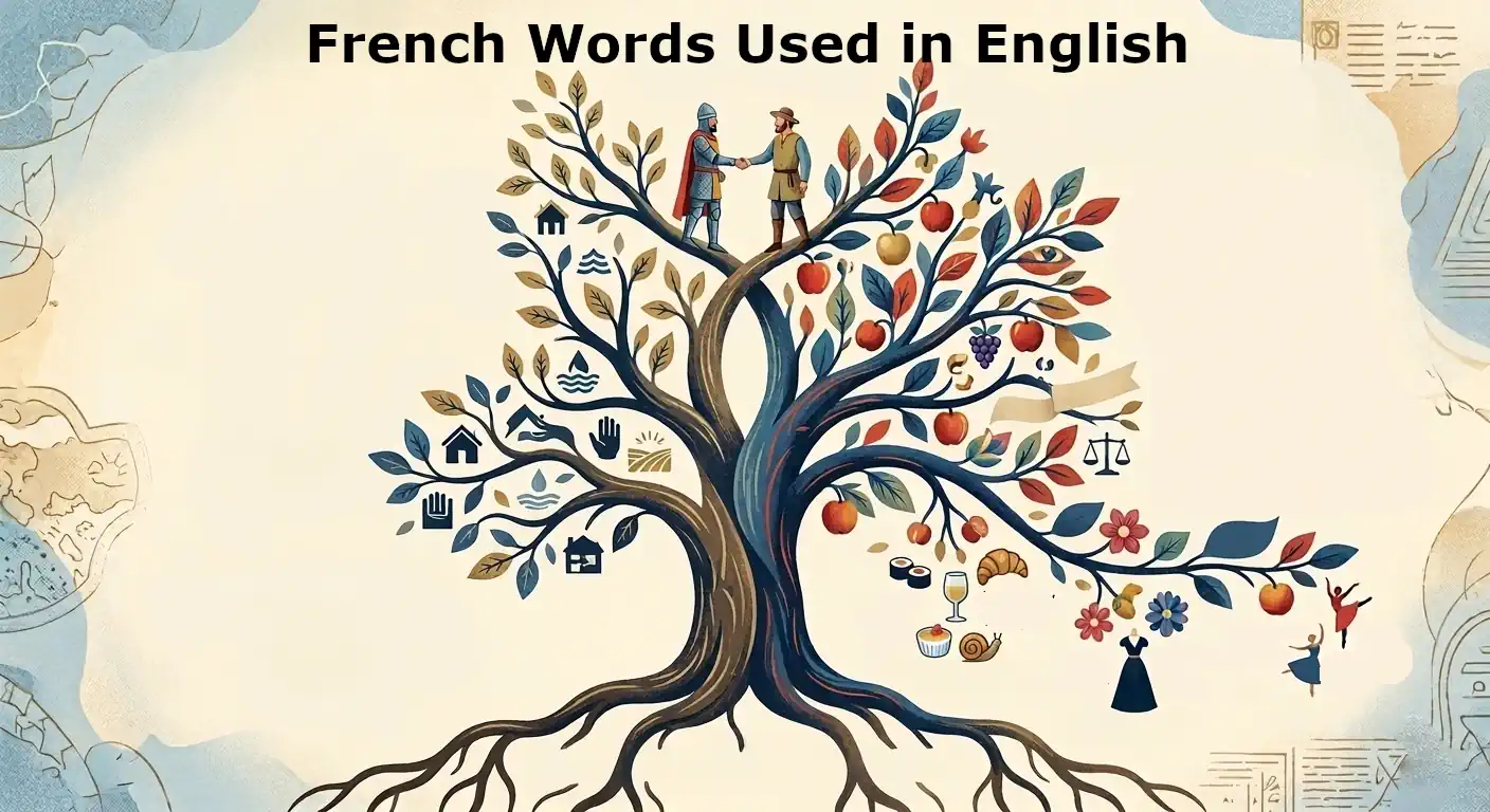 An artistic illustration of a language tree showing the connection between French and English, featuring a knight and a peasant shaking hands at the trunk with various icons for food, law, and fashion on the branches.