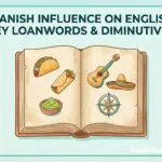 An illustrated infographic titled "Spanish Influence on English: Key Loanwords & Diminutives" showing an open book with icons of a taco, burrito, guacamole, guitar, sombrero, and compass.