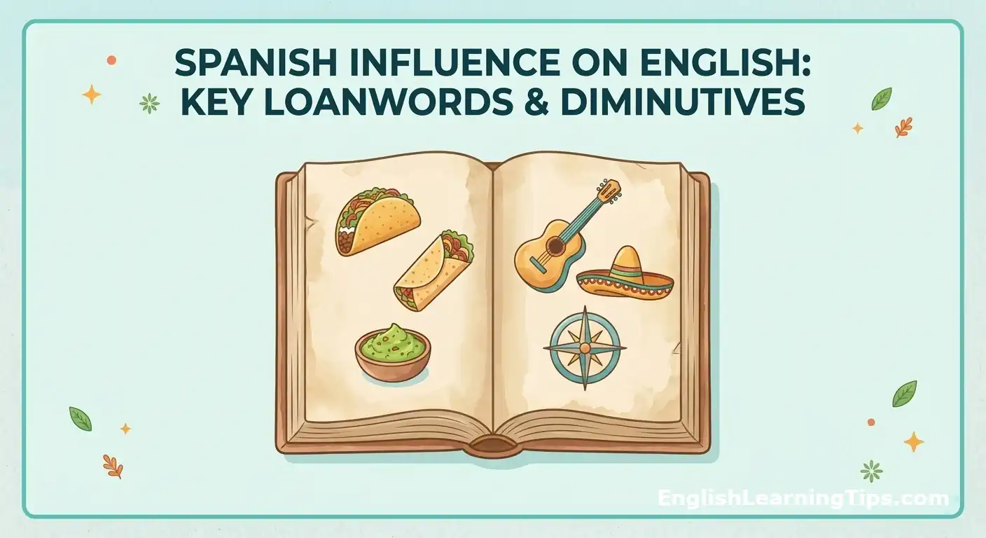 An illustrated infographic titled "Spanish Influence on English: Key Loanwords & Diminutives" showing an open book with icons of a taco, burrito, guacamole, guitar, sombrero, and compass.