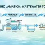 Diagram illustrating the water reclamation process, showing wastewater moving from homes and industry through filtration, disinfection, and secondary treatment stages, then being redistributed for irrigation and industrial use.