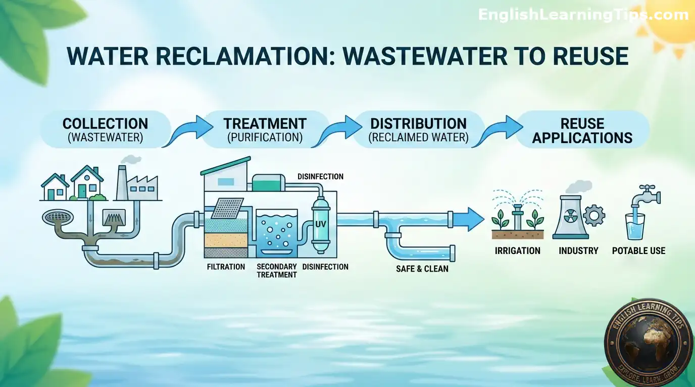 Diagram illustrating the water reclamation process, showing wastewater moving from homes and industry through filtration, disinfection, and secondary treatment stages, then being redistributed for irrigation and industrial use.