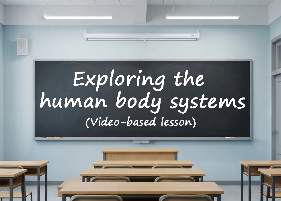 Classroom chalkboard with the title Exploring the Human Body Systems, a video-based ESL lesson for intermediate to advanced learners.