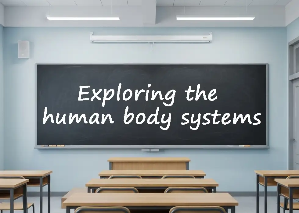 Classroom chalkboard with the text "Exploring the human body systems" for an ESL lesson plan.