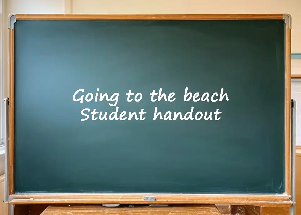 A chalkboard that says, "Going to the beach Student handout"