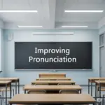 A classroom setting with a chalkboard featuring the text "Improving Pronunciation."