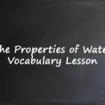 Chalkboard text reading The Properties of Water Vocabulary Lesson for ESL students.