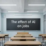 A classroom setting with a chalkboard that reads "The effect of AI on jobs."