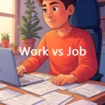 Illustration of a student working at a desk with the text Work vs Job