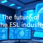 A futuristic control room with digital screens representing global connectivity, symbolizing the evolving future of the ESL industry.