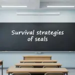 A classroom blackboard with the text "Survival strategies of seals" written on it for an ESL lesson.