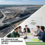 A group of students in a classroom discussing landfill engineering, with an aerial photo of a landfill site and a diagram on a whiteboard in the background.