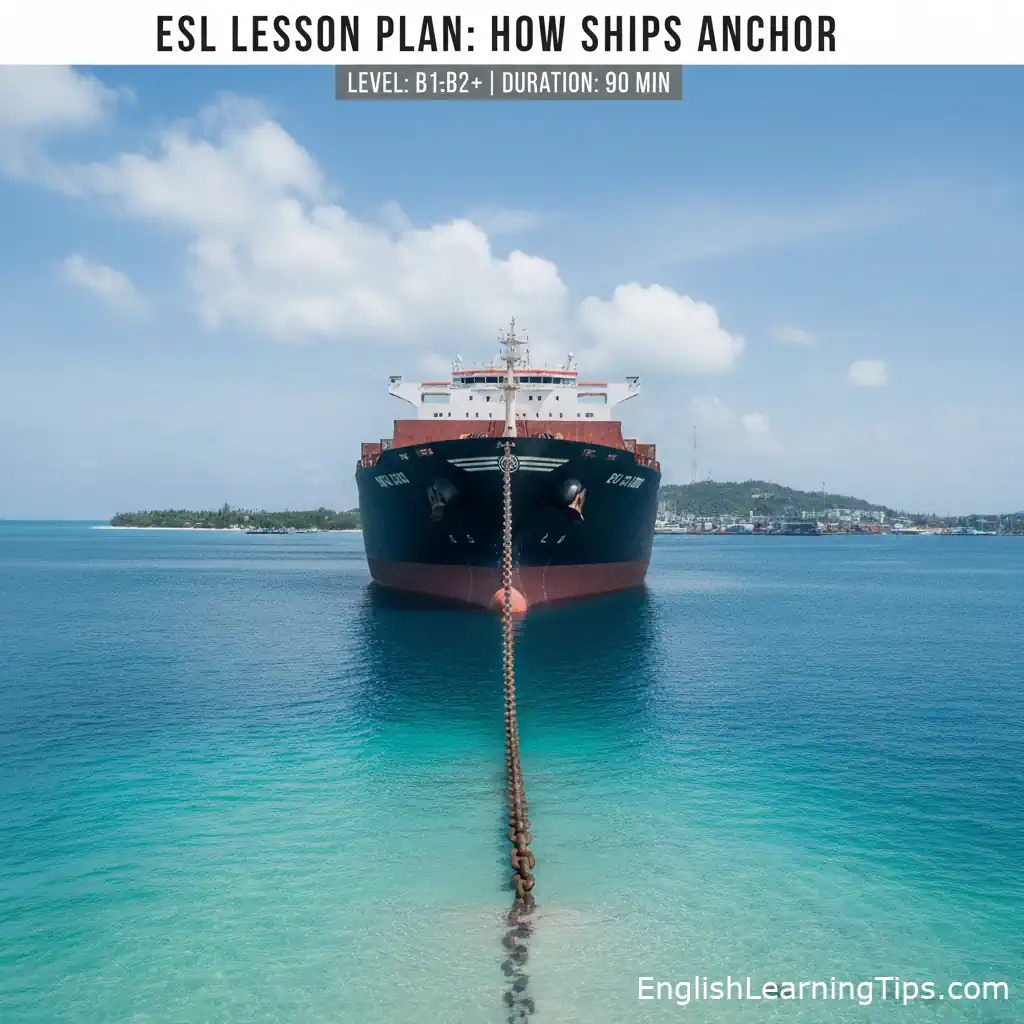 A large cargo ship anchored in clear blue water, showing the heavy chain extending to the seabed.
