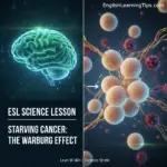 A visual comparison of a human brain and cellular structures for an ESL science lesson about the Warburg effect and cancer metabolism.