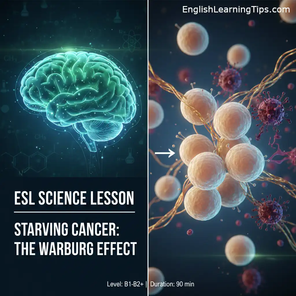 A visual comparison of a human brain and cellular structures for an ESL science lesson about the Warburg effect and cancer metabolism.