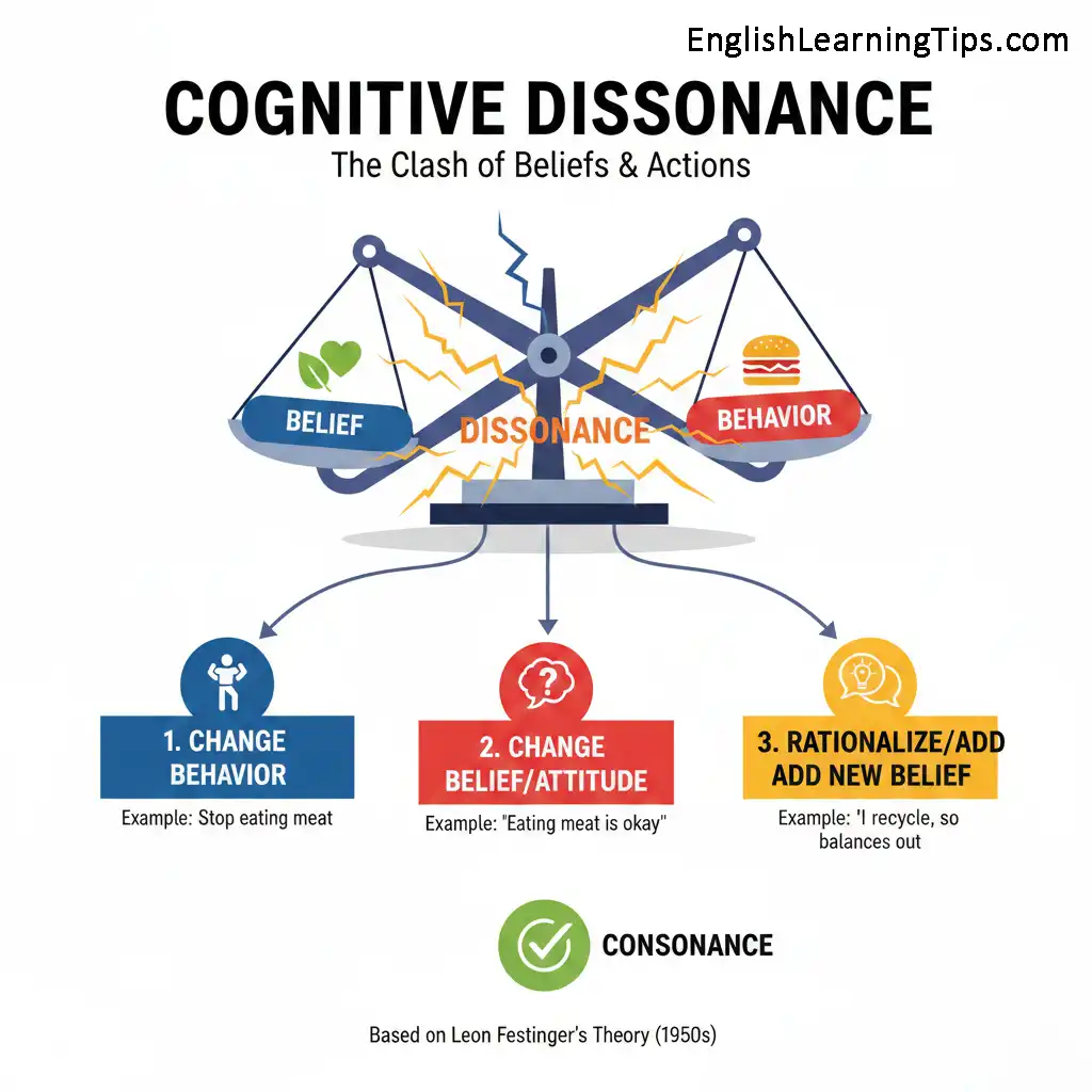 An infographic showing the balance between beliefs and behaviors, with three paths to resolve cognitive dissonance: change behavior, change belief, or rationalization.