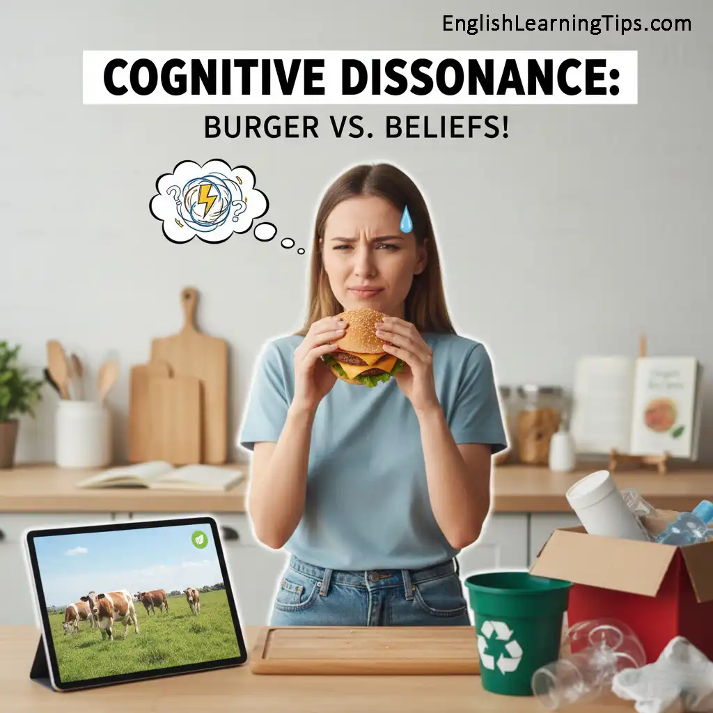 A woman feeling mental conflict while holding a burger, representing cognitive dissonance between her actions and environmental values.