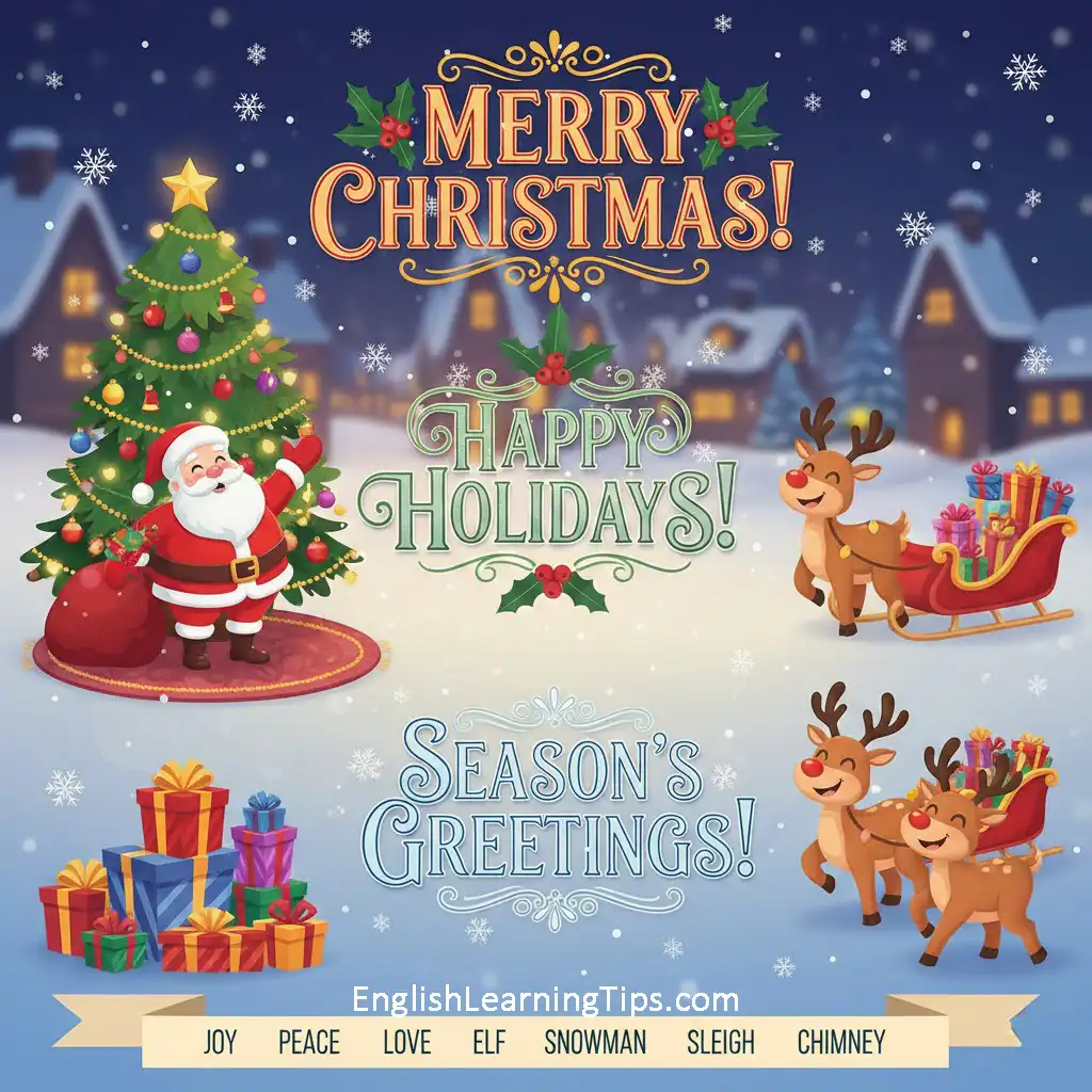 A festive Christmas illustration featuring Santa Claus, a decorated Christmas tree, reindeer, and gifts, with the phrases Merry Christmas, Happy Holidays, and Season's Greetings.