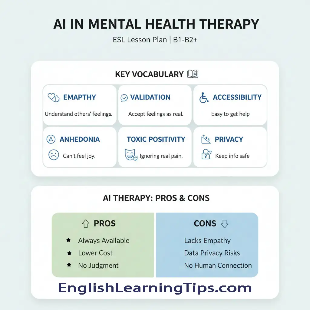 An educational chart for an ESL lesson plan titled "AI in Mental Health Therapy" featuring key vocabulary terms like empathy and privacy, and a pros and cons table for AI therapy.