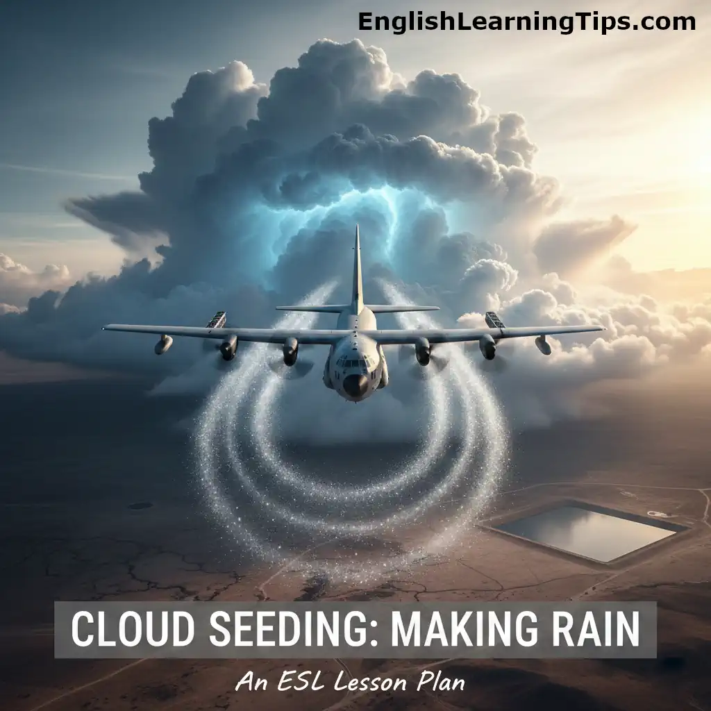 An aircraft performing cloud seeding over a dry landscape with the text "Cloud seeding: Making rain"