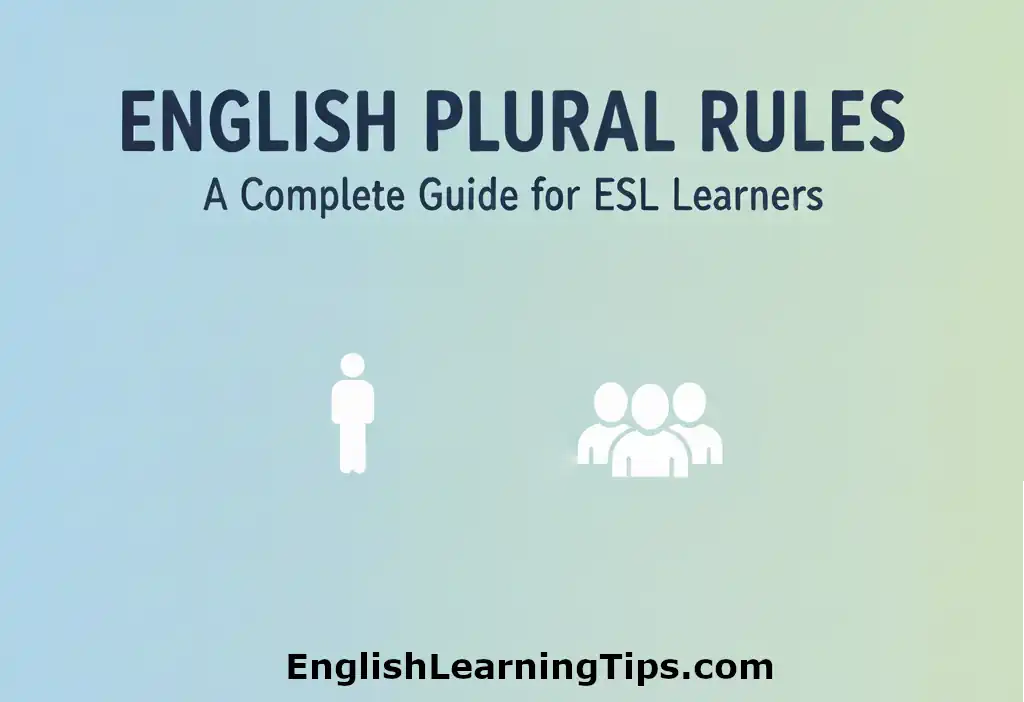 A visual guide titled "English Plural Rules" featuring a silhouette of one person next to a group of three people to represent singular and plural forms.