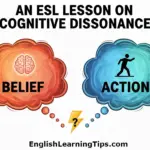 A diagram illustrating cognitive dissonance for an ESL lesson, showing a red "Belief" cloud and a blue "Action" cloud separated by a question mark, representing the uncomfortable gap between values and behavior.