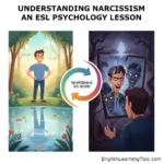 Illustration showing the difference between healthy self-confidence and pathological narcissism for an ESL psychology lesson.