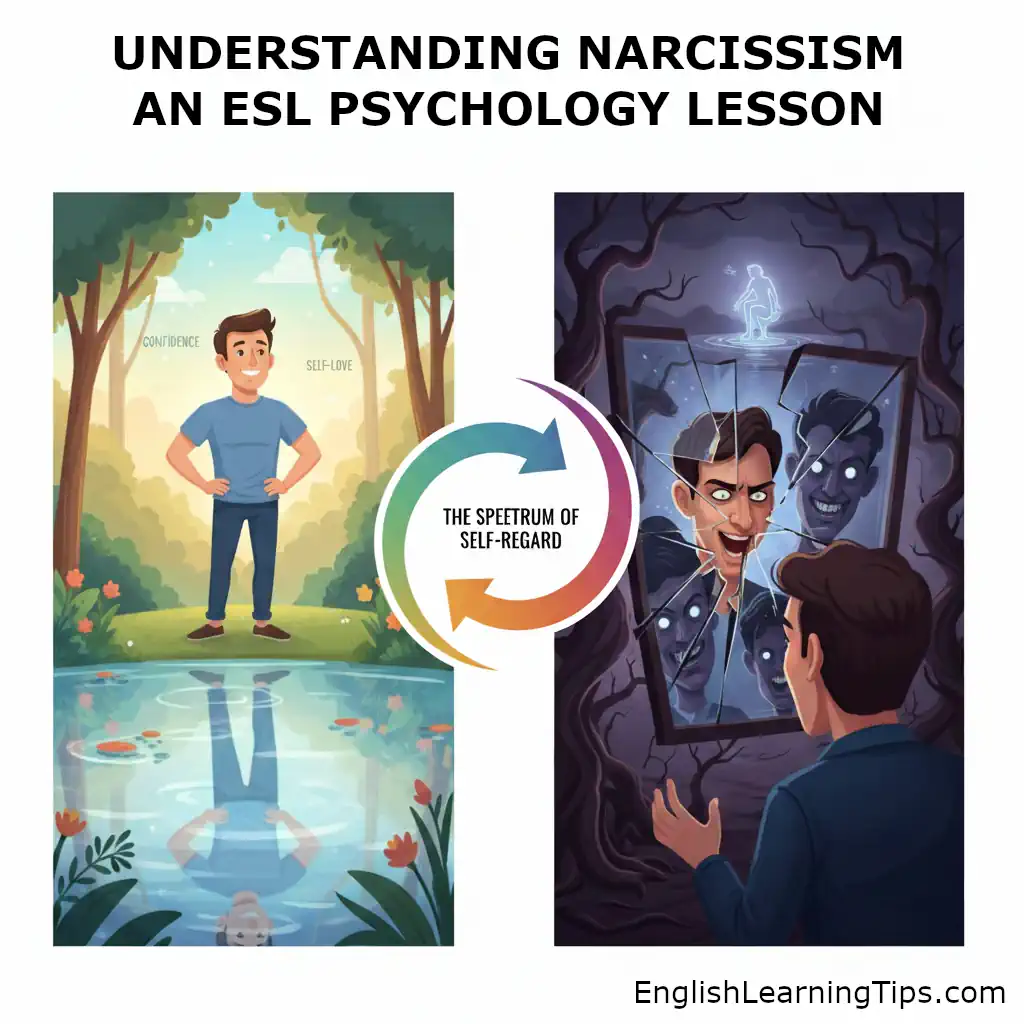 Illustration showing the difference between healthy self-confidence and pathological narcissism for an ESL psychology lesson.