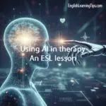 A digital illustration showing a human silhouette facing a robotic hand, representing the concept of using AI in mental health therapy for an ESL lesson.