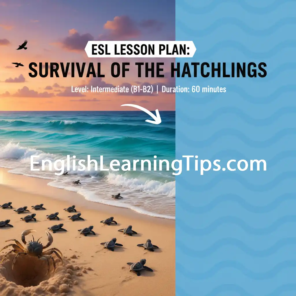 A group of sea turtle hatchlings racing across a sandy beach toward the ocean while facing predators like a ghost crab and birds.