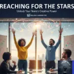 A diverse business team in a meeting; two people are reaching up toward a glowing galaxy representing divergent thinking, while others are seated and analytical, representing convergent thinking.