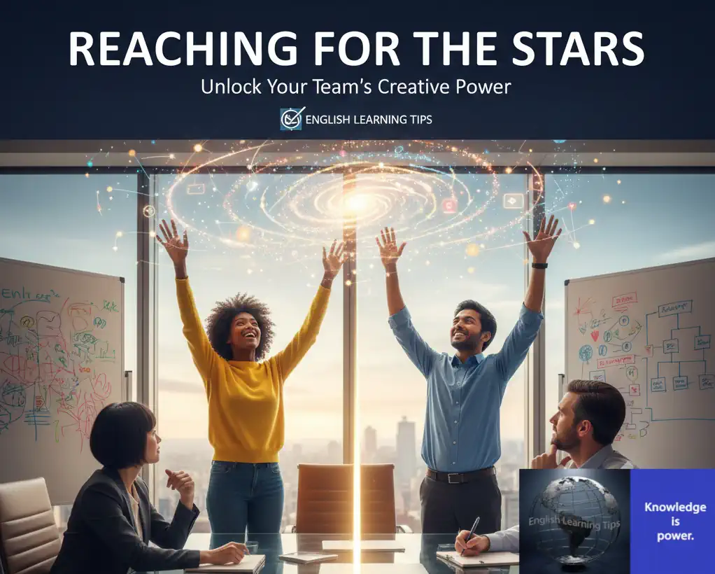 A diverse business team in a meeting; two people are reaching up toward a glowing galaxy representing divergent thinking, while others are seated and analytical, representing convergent thinking.
