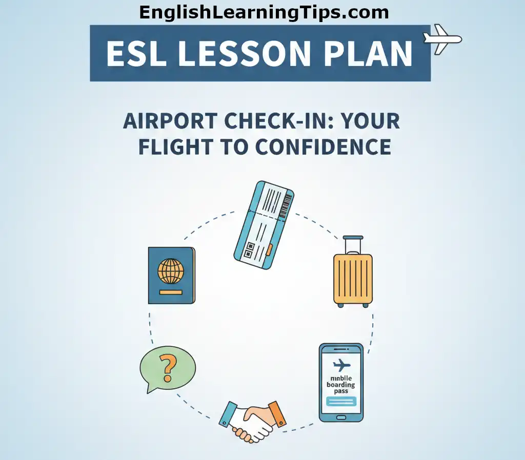 Graphic for an ESL lesson plan titled Airport Check-In: Your Flight to Confidence, featuring icons of a passport, boarding pass, luggage, and a mobile boarding pass.