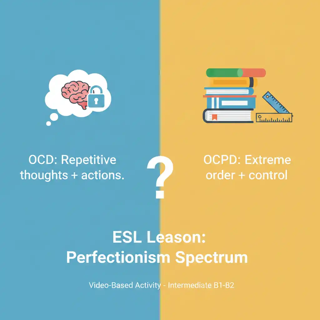 Infographic comparing OCD as repetitive thoughts and actions versus OCPD as extreme order and control for an ESL classroom lesson.