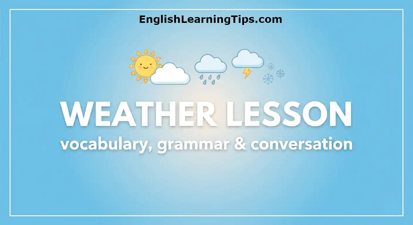 A simple blue background featuring the text "Weather Lesson: vocabulary, grammar & conversation" with icons for sun, rain, and clouds