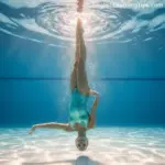 An artistic swimmer in a shimmering teal swimsuit performing an upside-down vertical leg extension underwater in a bright blue pool.