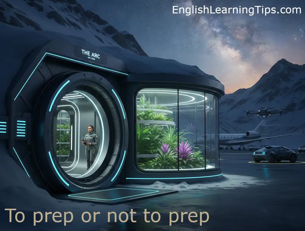 A futuristic luxury survival bunker built into a snowy mountain with a hydroponic garden and a private jet, used as a visual aid for an ESL lesson on billionaire preppers.