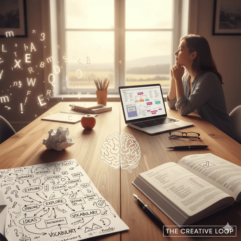 A professional woman daydreaming at a desk with a laptop, featuring a visual metaphor of the "Creative Loop" with floating letters and mind-map sketches.