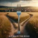 A large silver kitchen fork standing upright at a literal fork in a dirt road to illustrate English paronomasia for students.
