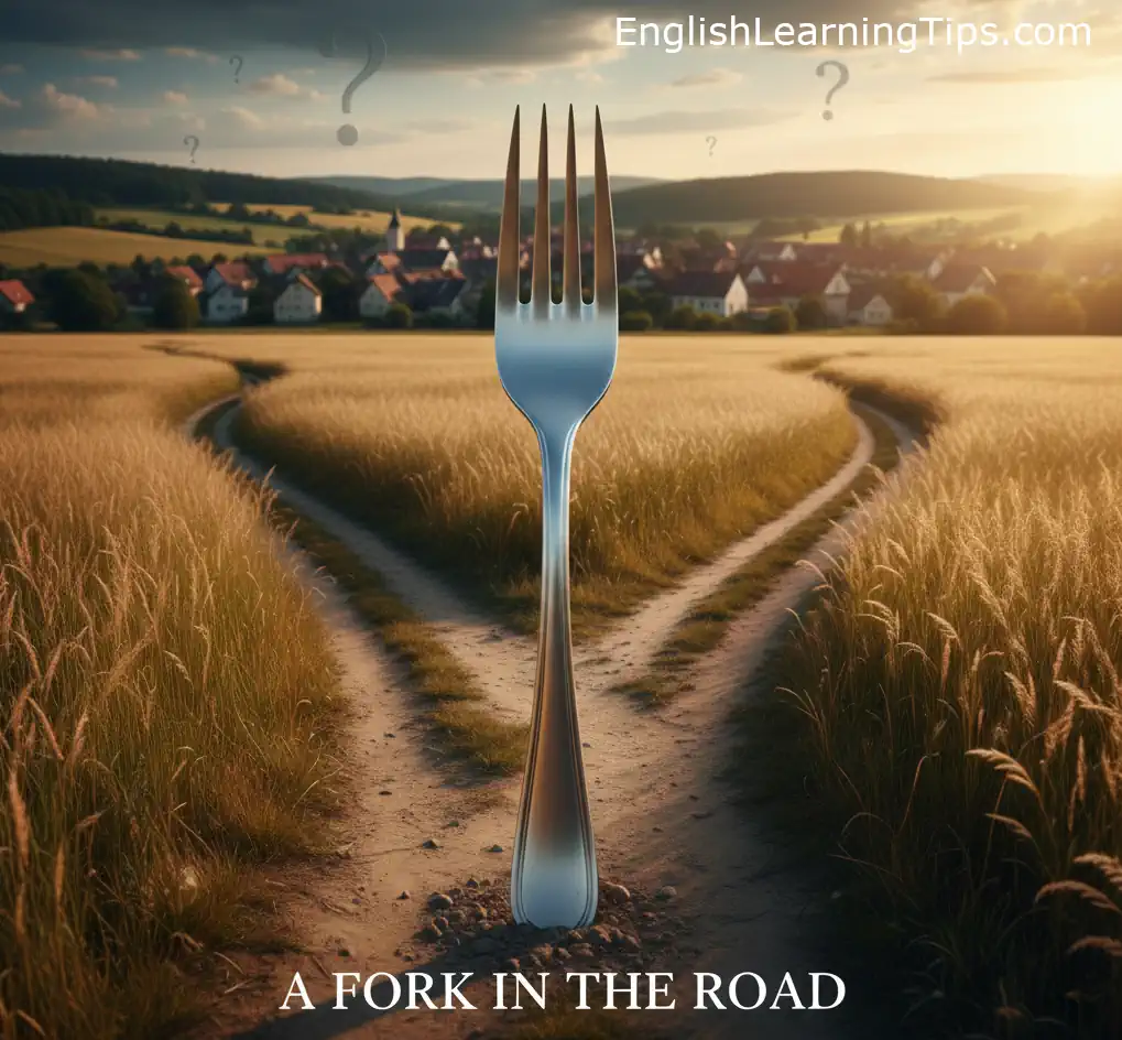 A large silver kitchen fork standing upright at a literal fork in a dirt road to illustrate English paronomasia for students.