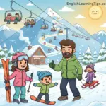 A colorful cartoon illustration of people skiing, snowboarding, and sledding on a snowy mountain with a ski lift and a cozy cabin.