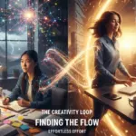 A split-screen visual titled 'Finding the Flow' illustrating the creativity loop. On the left, a student in a dark room studies intensely with books and sticky notes. On the right, the same student is in a glowing 'flow state,' typing effortlessly on a laptop surrounded by golden light and neural network patterns.
