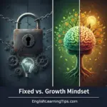 A conceptual split-screen illustration showing a locked padlock with gears for a fixed mindset and a vibrant, growing tree-shaped brain for a growth mindset.