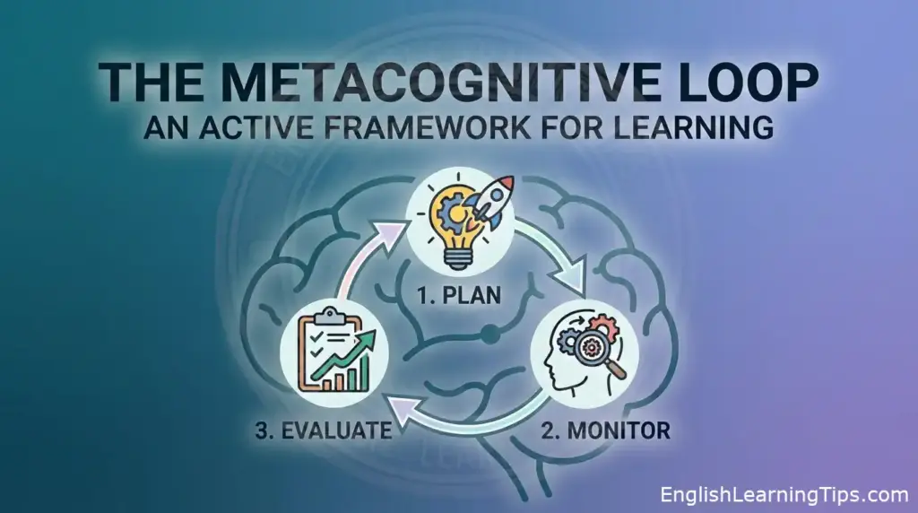 An infographic titled "The Metacognitive Loop" showing a three-step cycle: 1. Plan, 2. Monitor, and 3. Evaluate, set against a simplified teal and purple gradient background with a brain outline.