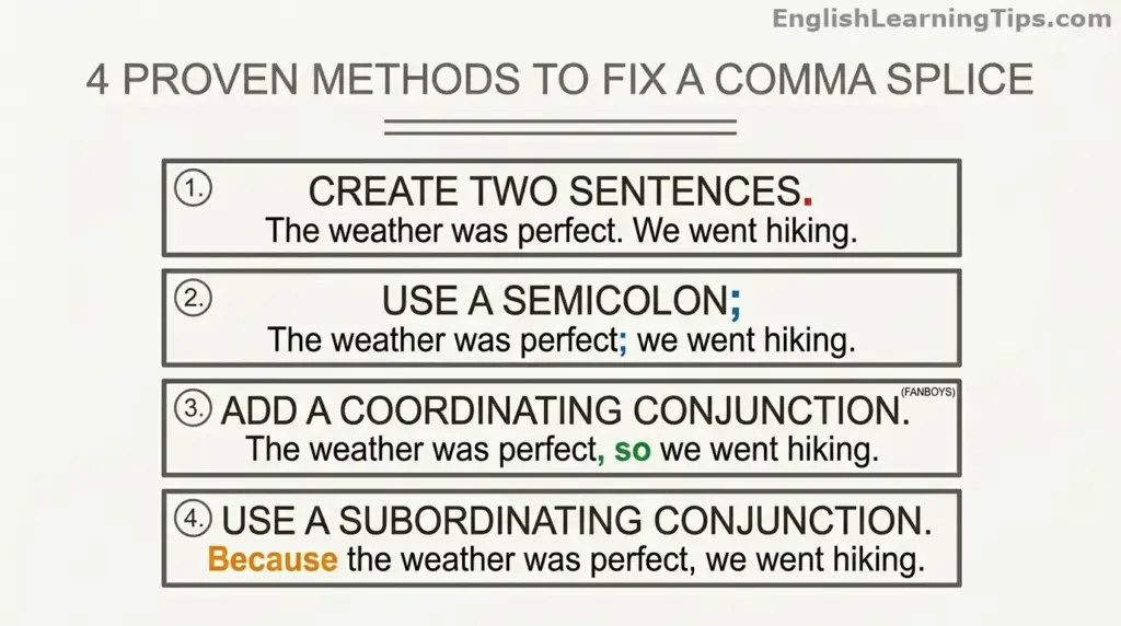 An educational infographic illustrating 4 proven methods to fix a comma splice, showing examples using a period, semicolon, coordinating conjunction, and subordinating conjunction.