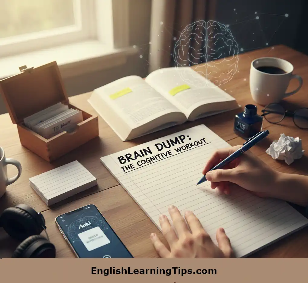 A student performing a brain dump study session on a notepad, surrounded by study materials like textbooks, flashcards, and a smartphone with a spaced repetition app.