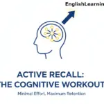 Minimalist graphic featuring a stylized human head outline with a glowing neural network inside and an upward-pointing arrow, representing cognitive improvement and active recall.