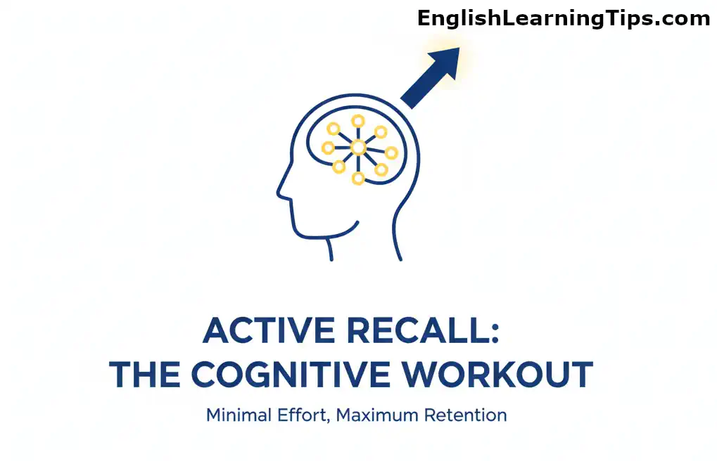 Minimalist graphic featuring a stylized human head outline with a glowing neural network inside and an upward-pointing arrow, representing cognitive improvement and active recall.