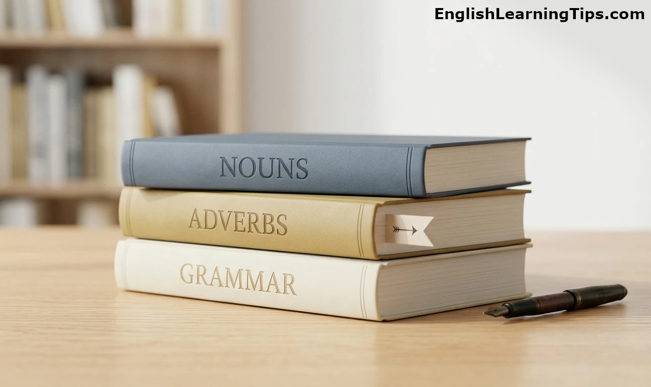 A simple stack of three books labeled Nouns, Adverbs, and Grammar on a wooden desk with a fountain pen.
