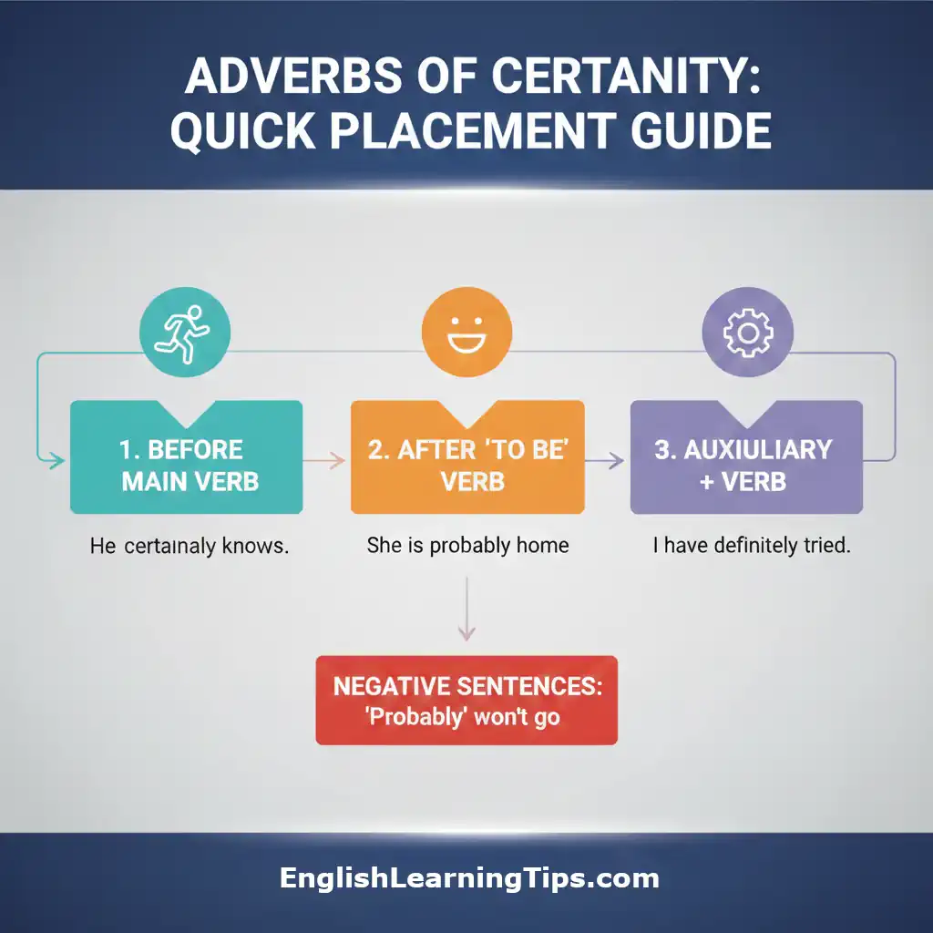 Infographic showing three rules for adverb of certainty placement: before main verbs, after 'to be' verbs, and between auxiliary and main verbs, plus a rule for negative sentences.